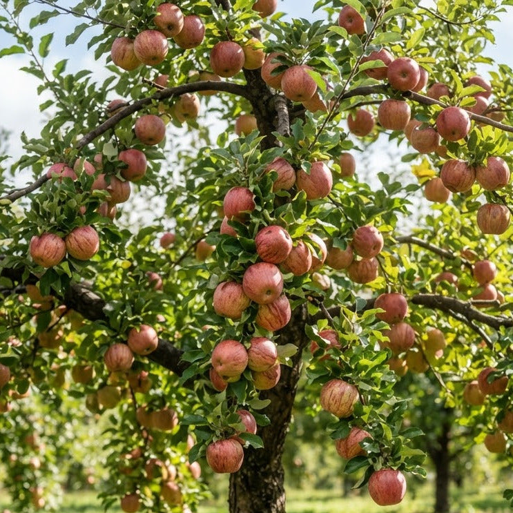 A leafy apple tree laden with many red apples in an orchard, with green grass and blurred trees in the background.