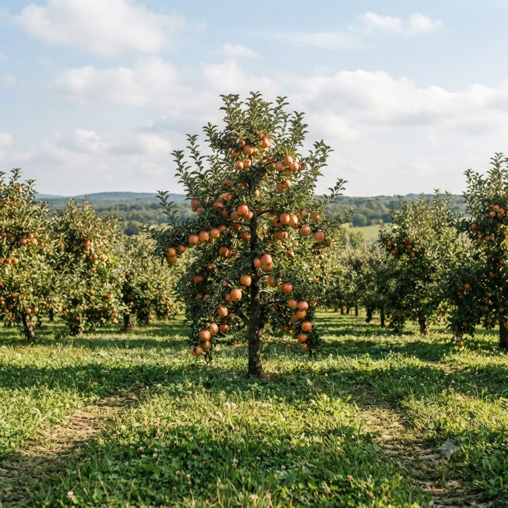 A sunlit orchard scene with a central apple tree laden with orange-red apples, surrounded by similar trees and a grassy field under a blue sky with white clouds.