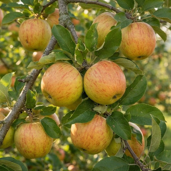 A close-up outdoor shot of several red-and-yellow apples hanging from a tree branch with green leaves, with a blurred orchard and fence in the background.