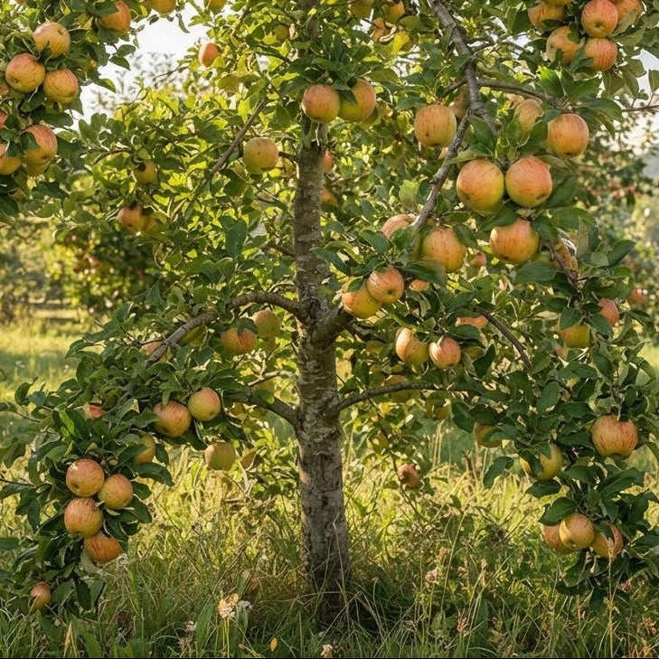 A leafy apple tree laden with numerous round, orange-yellow apples in a sunlit outdoor orchard with grass, fence, and hills in the background.