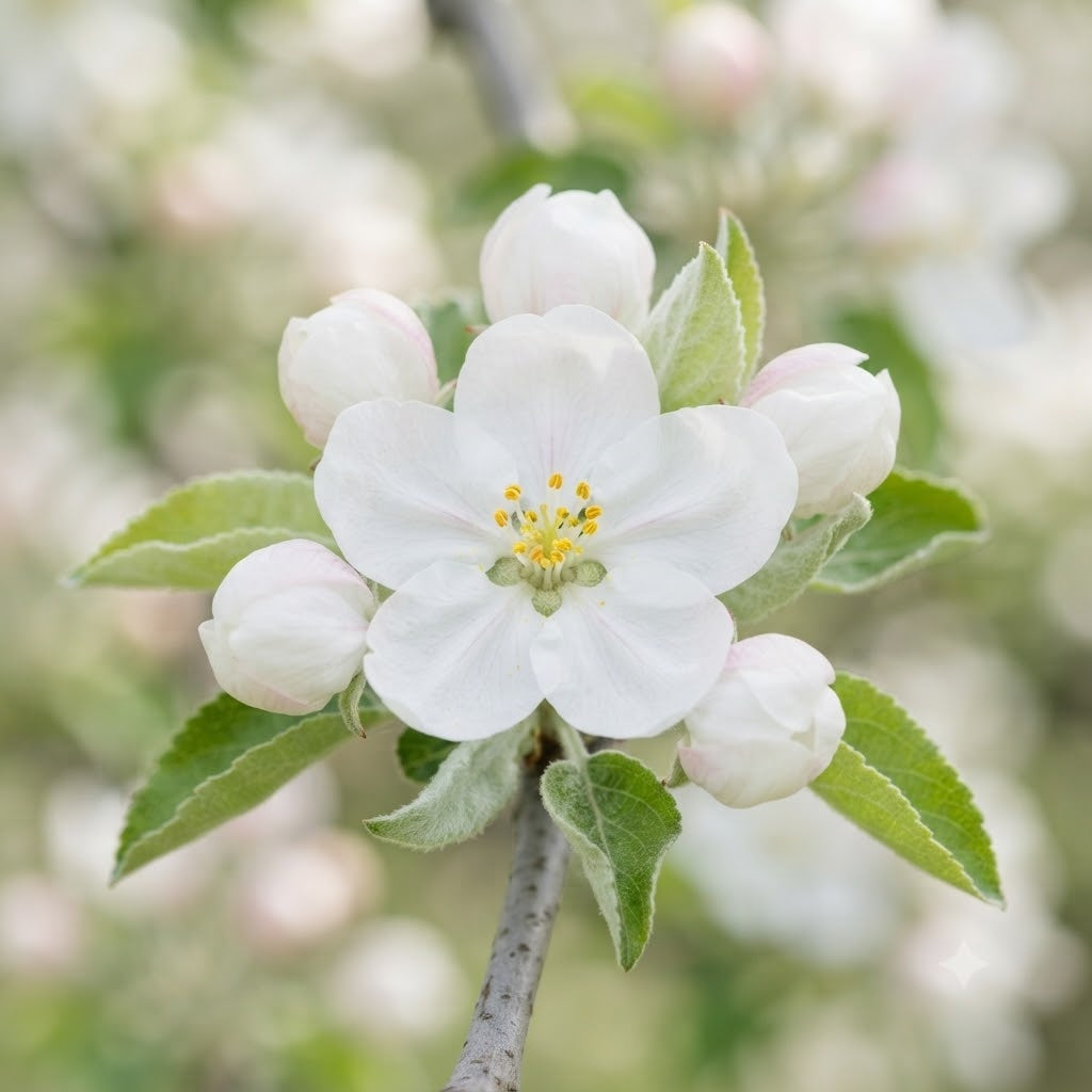 A close-up of a white apple blossom with green leaves and buds on a tree branch, set against a soft, blurred background of more blossoms.
