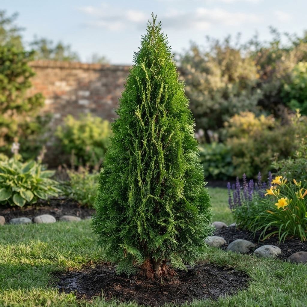 A tall, dense conifer garden tree planted in a mulched bed within a landscaped garden featuring grass, flowers, and a blurred stone wall background.