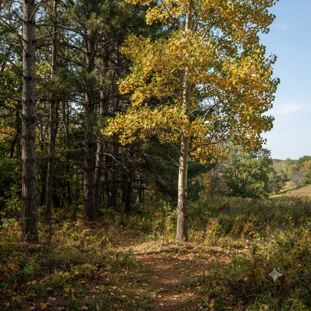 A forest scene with tall trees, including a prominent birch-like tree with bright yellow autumn leaves and darker evergreen trees in the background. A dirt path winds through the grassy undergrowth, and patches of blue sky are visible above.
