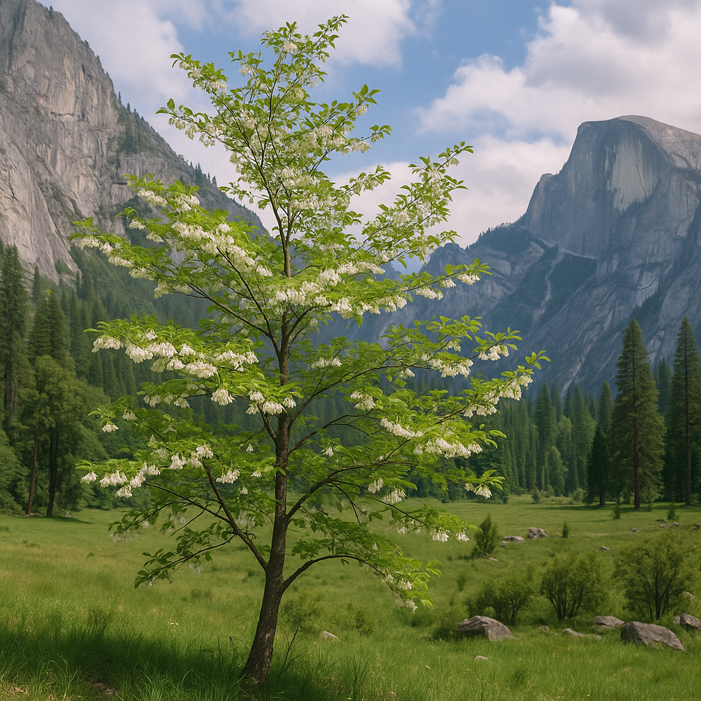 A scenic landscape photograph of a mountain valley with a prominent flowering tree in the foreground, set against towering rocky cliffs and green meadows under a blue sky with clouds.