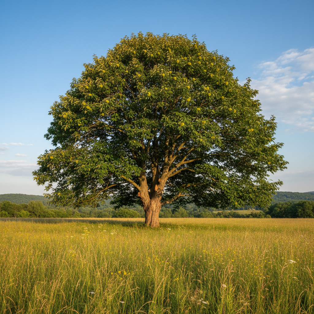 Single tree in a field with a clear blue sky