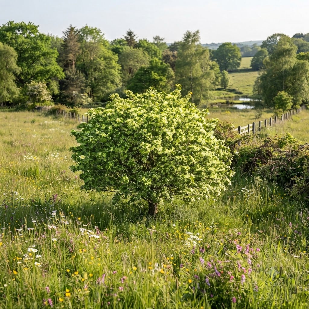 A lush green field with a prominent rounded tree in the foreground, wildflowers, a wooden fence, and a wooded landscape in the distance under a bright sky.