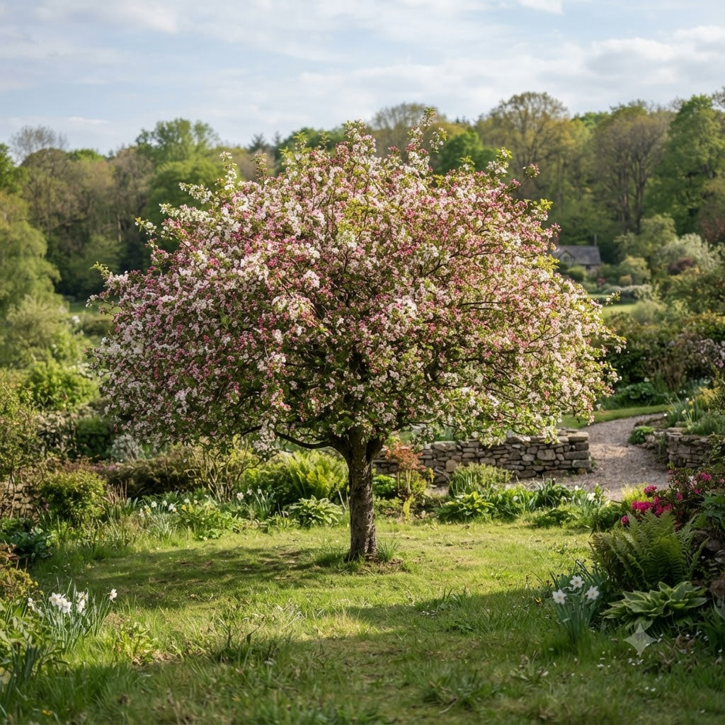 A blooming flowering tree with pink and white blossoms stands in a landscaped garden with green grass, shrubs, a stone wall, and trees in the background under a partly cloudy sky.