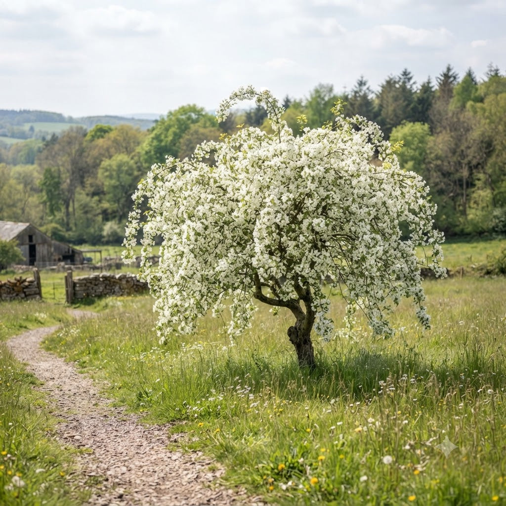 A scenic landscape photograph of a blooming white crabapple tree in a grassy field, with a gravel path leading to the left and a stone wall and barn in the background.