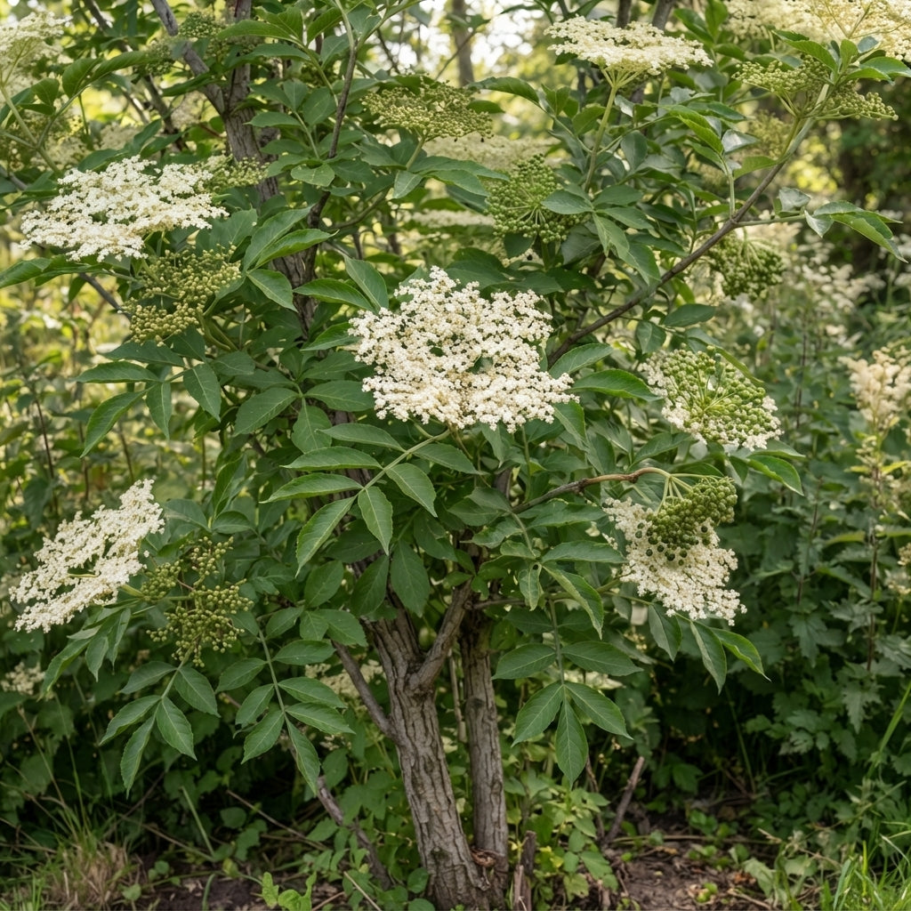 A leafy green shrub with clusters of small white flowers growing outdoors among other plants.