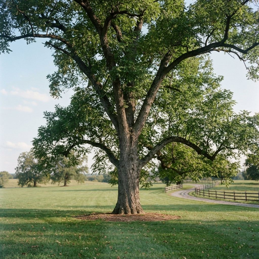 A large mature tree with a thick trunk and dense green foliage stands in a grassy field, with a dirt path and wooden fence visible in the background under a pale blue sky.