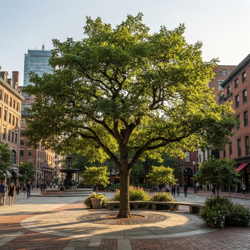 A large, leafy green tree stands in the center of a sunlit urban plaza, surrounded by brick buildings, benches, planters, and a few small pedestrians. The scene is captured in warm late-day light with strong shadows and clear sky.