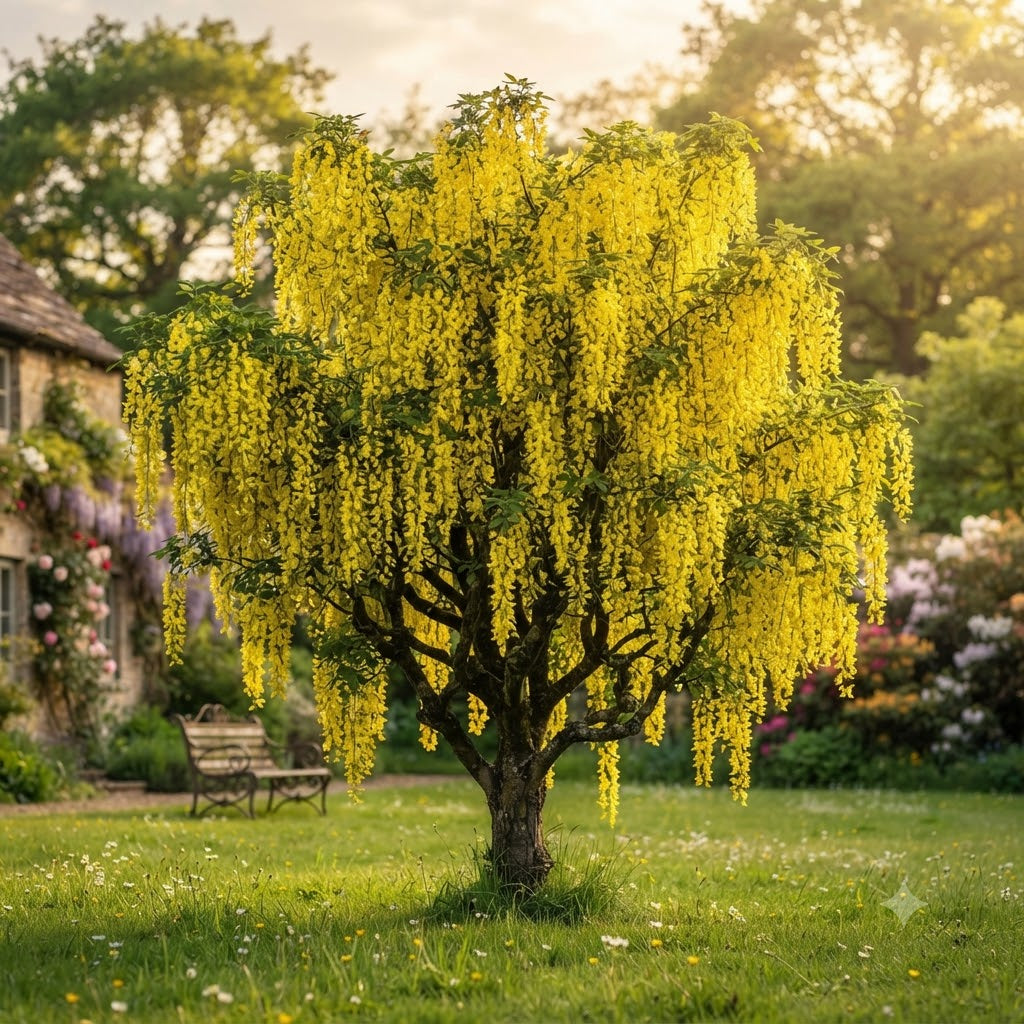 A flowering tree with dense clusters of bright yellow blossoms in a sunlit garden, with grass, a bench, and a house visible in the background.