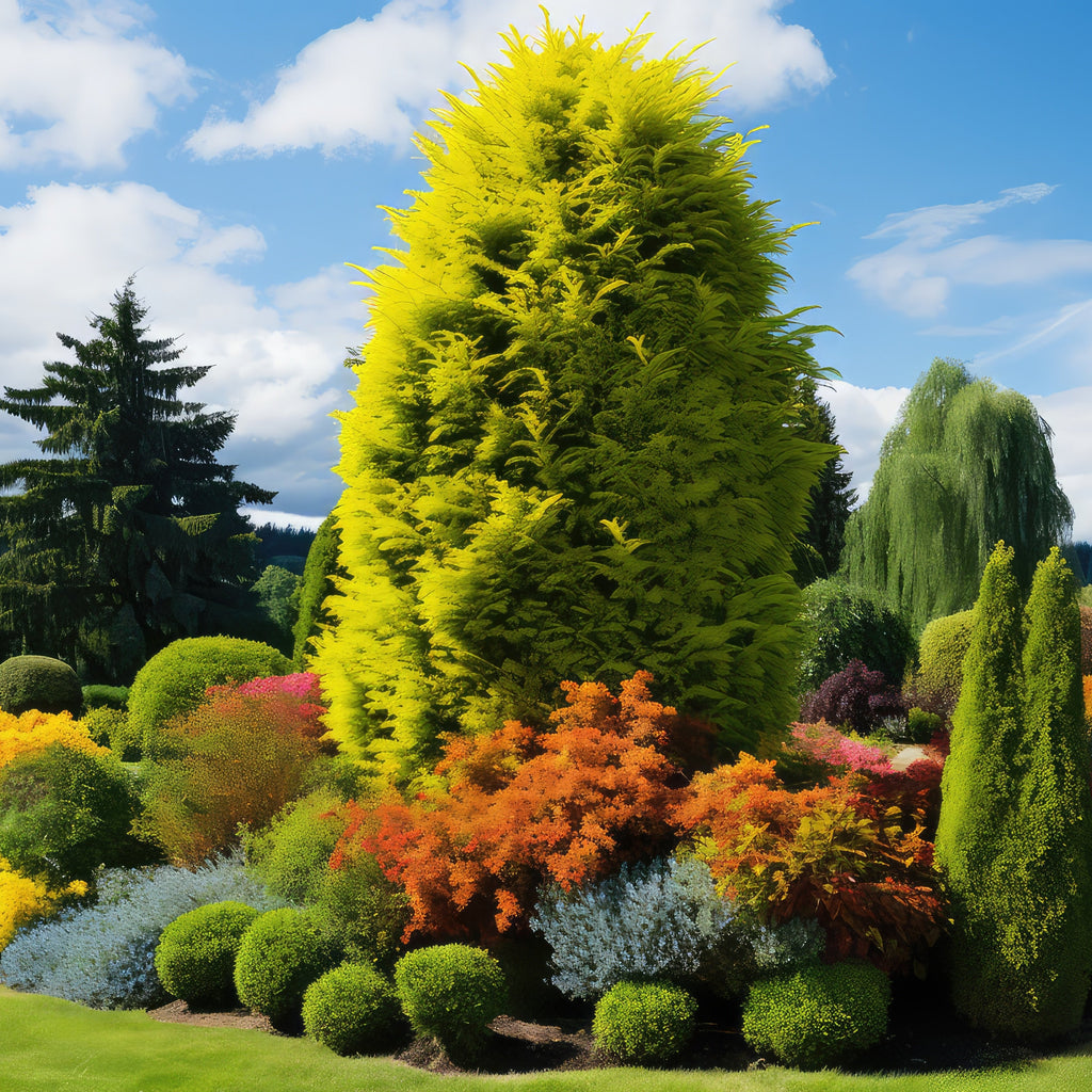 A vibrant garden scene featuring a prominent bright yellow-green conical tree in the center, surrounded by colorful shrubs in yellow, orange, blue, and green, under a blue sky with white clouds.