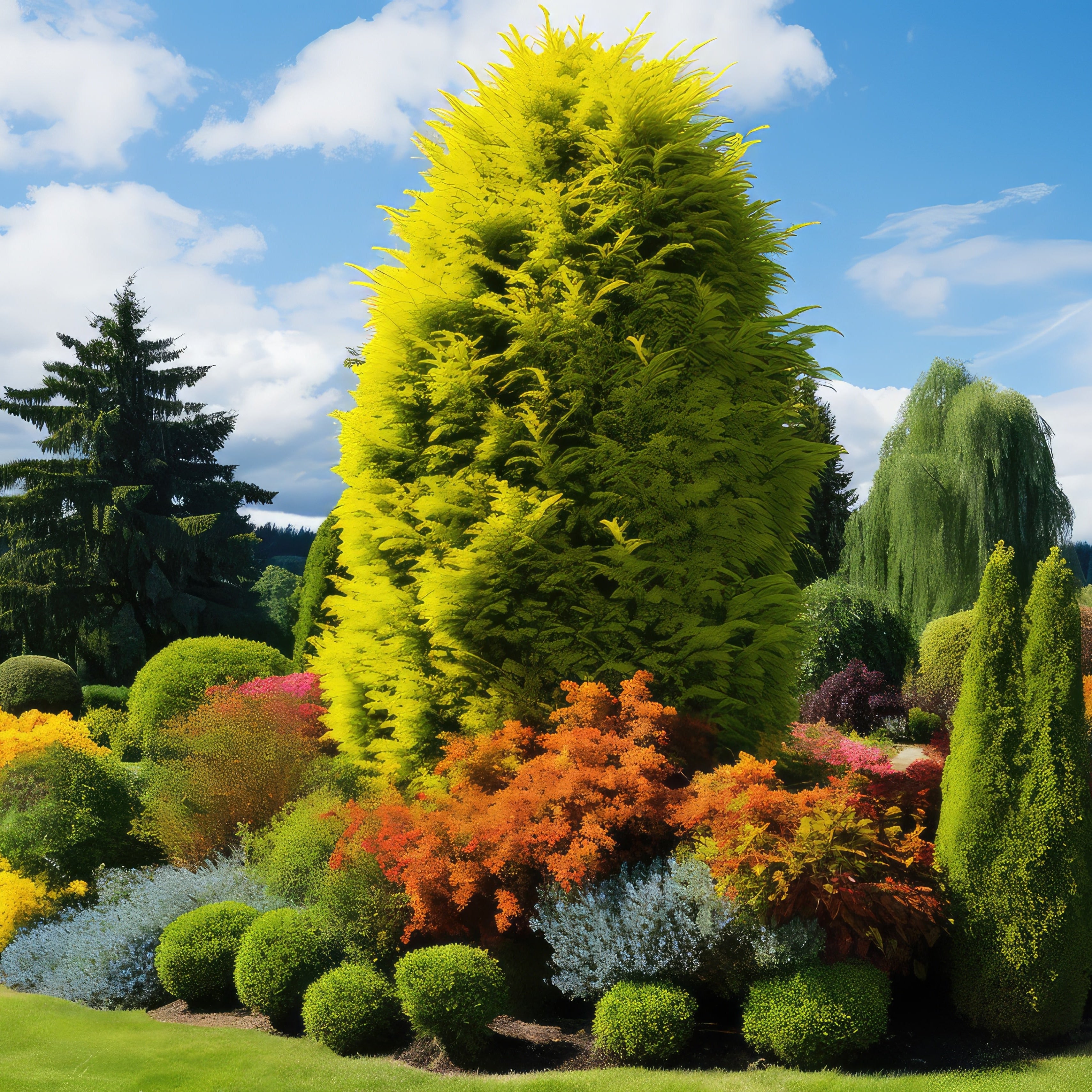 A vibrant garden scene featuring a prominent bright yellow-green conical tree in the center, surrounded by colorful shrubs in yellow, orange, blue, and green, under a blue sky with white clouds.