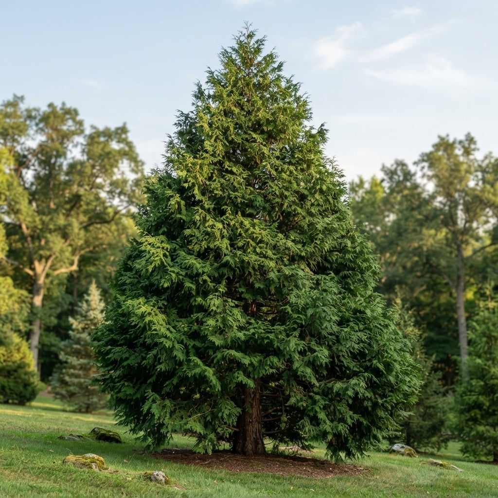 A tall, dense evergreen tree with lush green foliage standing on a grassy lawn, with other trees and a pale blue sky in the background.