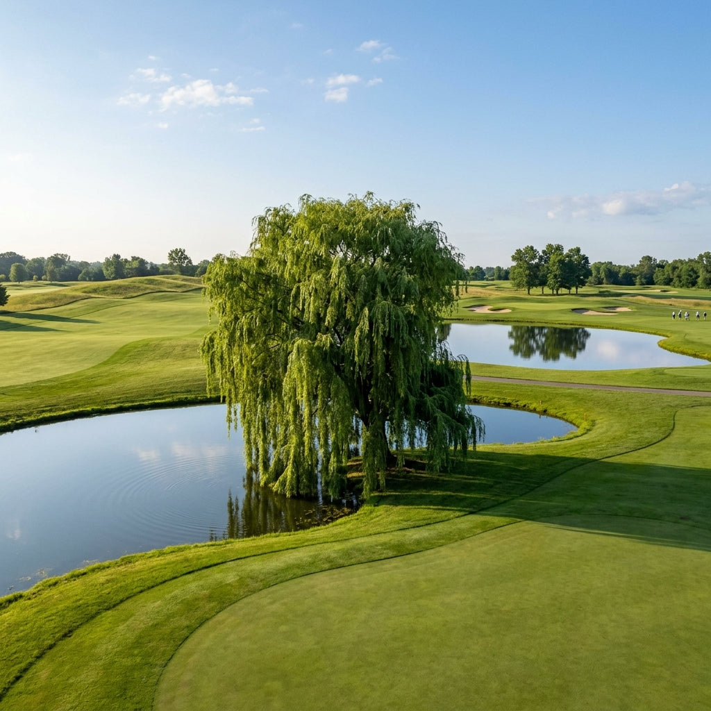 A scenic golf course landscape with rolling green fairways, a reflective water hazard, and a large weeping tree in the foreground under a blue sky.