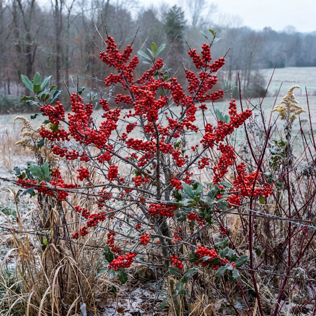 A winter shrub with dense clusters of bright red berries, green leaves, and brown branches growing in a frosty field with a blurred forest background. winter red holly bush
