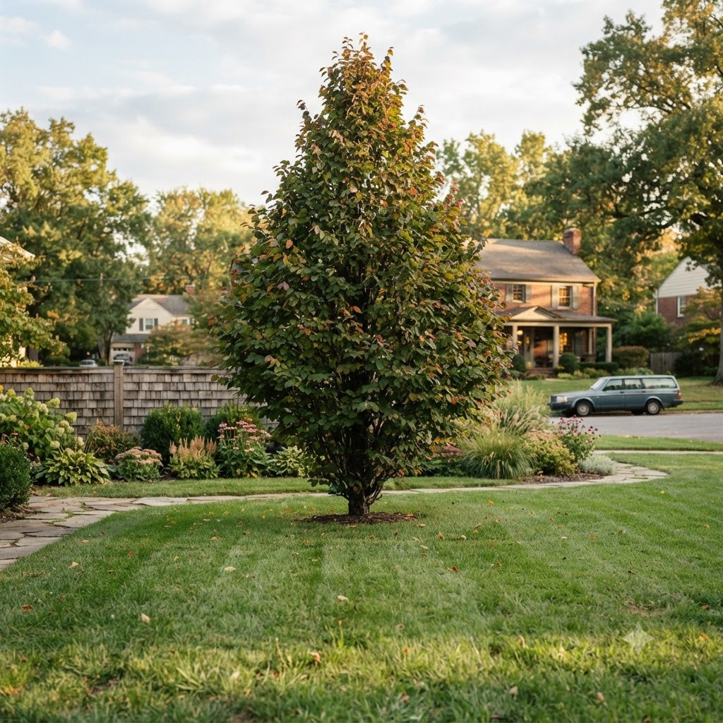 A tall, conical evergreen tree stands in a well-maintained green front yard with a lawn, shrubs, a stone wall, and a house in the background.