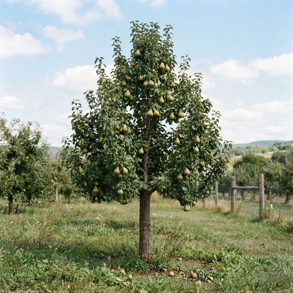 A leafy Kieffer Pear tree in a grassy orchard with many green pears hanging from the branches, under a blue sky with white clouds.