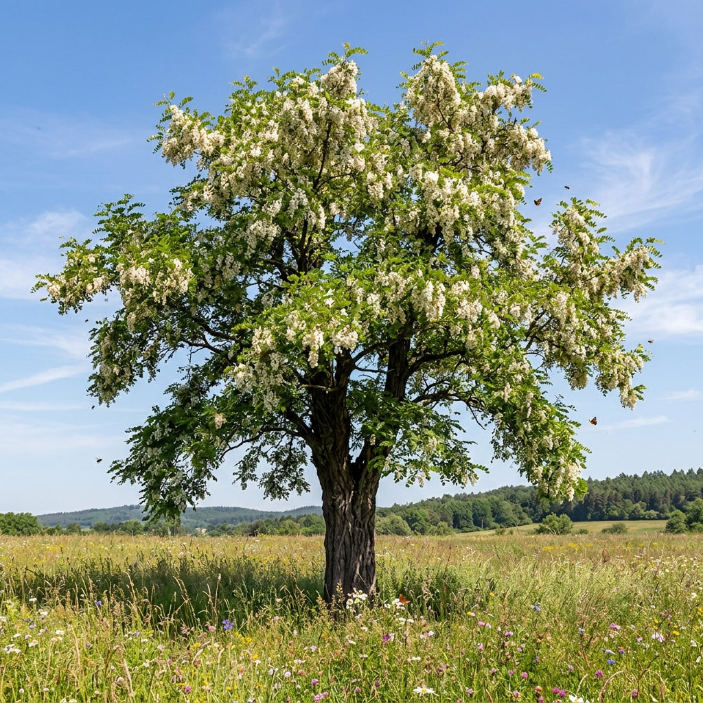 A large flowering tree with dense clusters of white blossoms stands in a grassy field under a bright blue sky with light clouds.