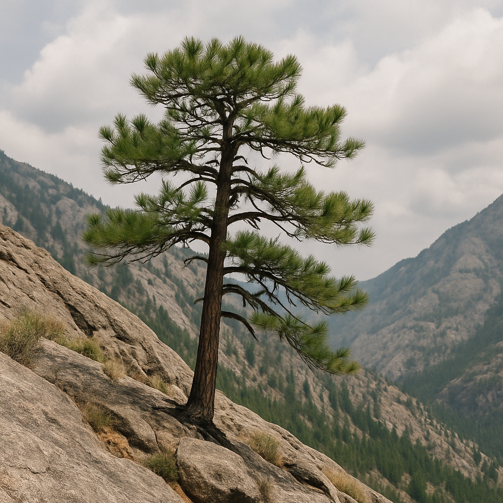 A single pine tree stands on a rocky mountainside with steep gray stone slopes and forested mountain ridges in the background under a cloudy sky.
