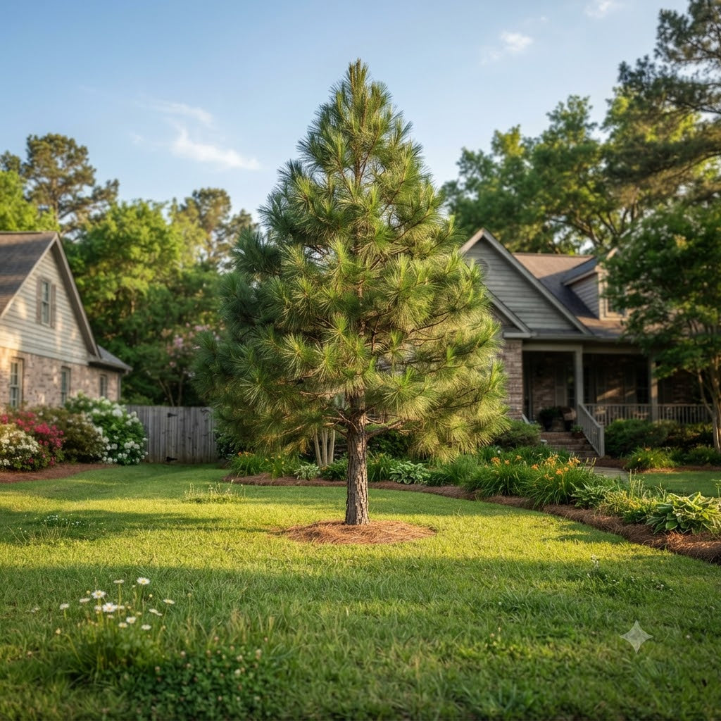 A young green pine tree planted in a grassy backyard with two suburban houses, trees, and a wooden fence in the background.