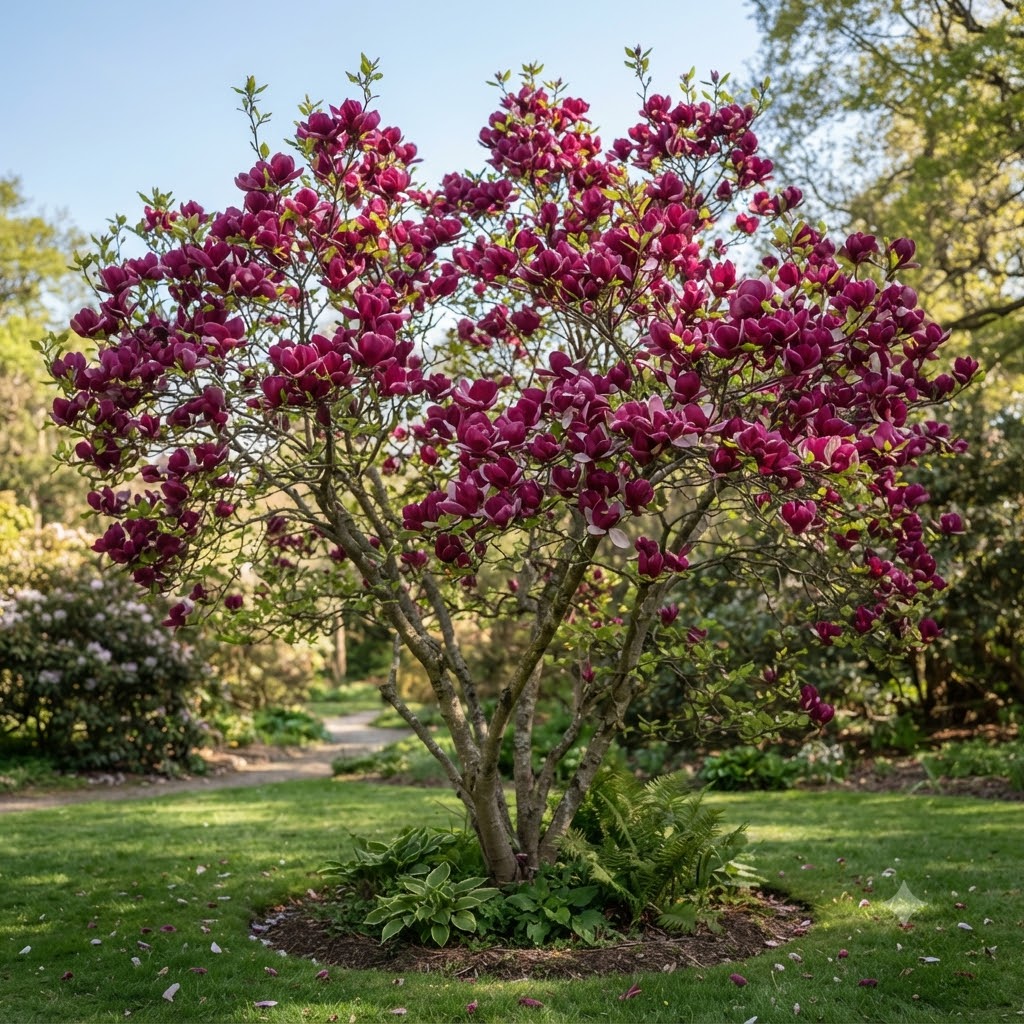 A flowering magnolia tree in full bloom with deep magenta-purple blossoms and small green leaves, planted in a grassy garden with a path and trees in the background.