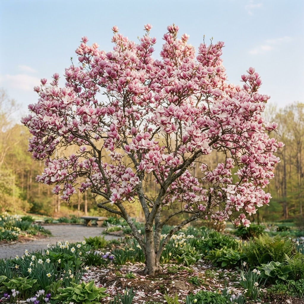 A flowering tree with dense pink blossoms stands in a garden setting, surrounded by green foliage, a gravel path, and a blue sky background.