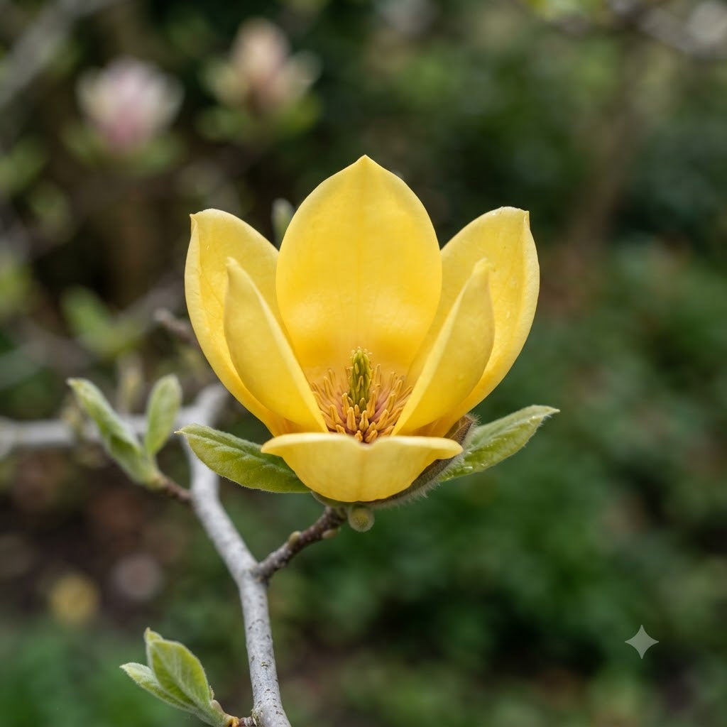 A single bright yellow magnolia flower blooming on a branch with small green leaves, photographed outdoors against a softly blurred green background.