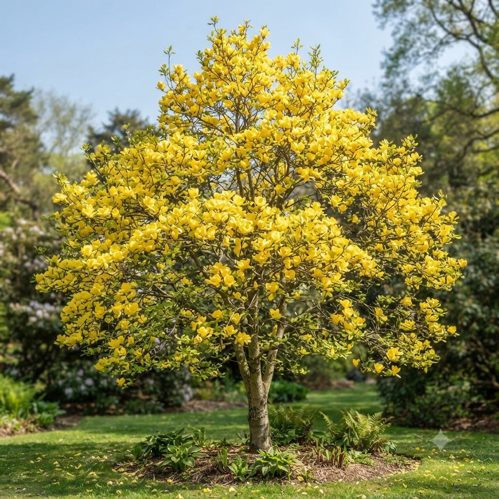 A flowering tree with dense clusters of bright yellow blossoms and small green leaves, planted in a grassy garden bed with blurred greenery and blue sky in the background.
