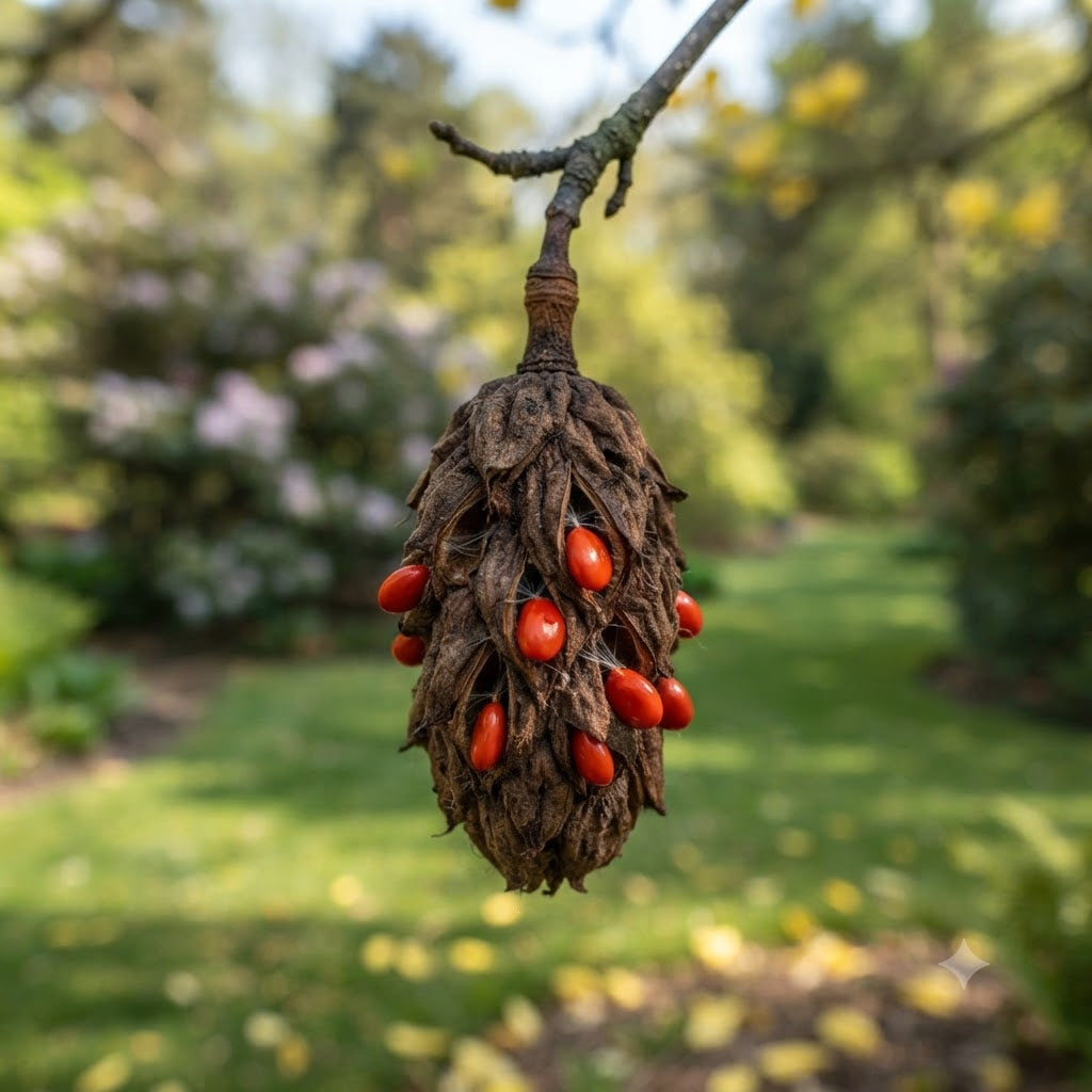 A close-up of a brown, textured seed pod hanging from a tree branch outdoors, with bright orange-red berries or seeds visible against a blurred green garden background.
