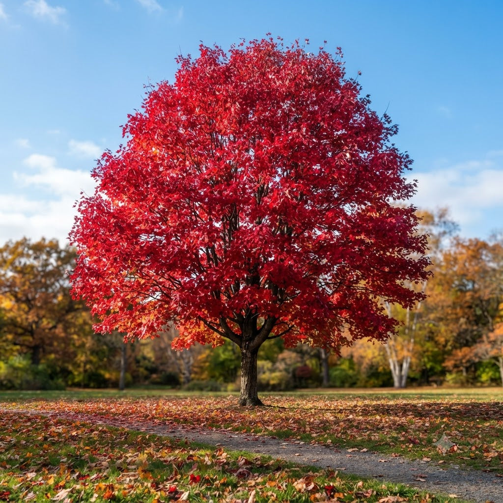 A vibrant red autumn tree stands in a grassy park with fallen leaves on the ground and a blue sky in the background.