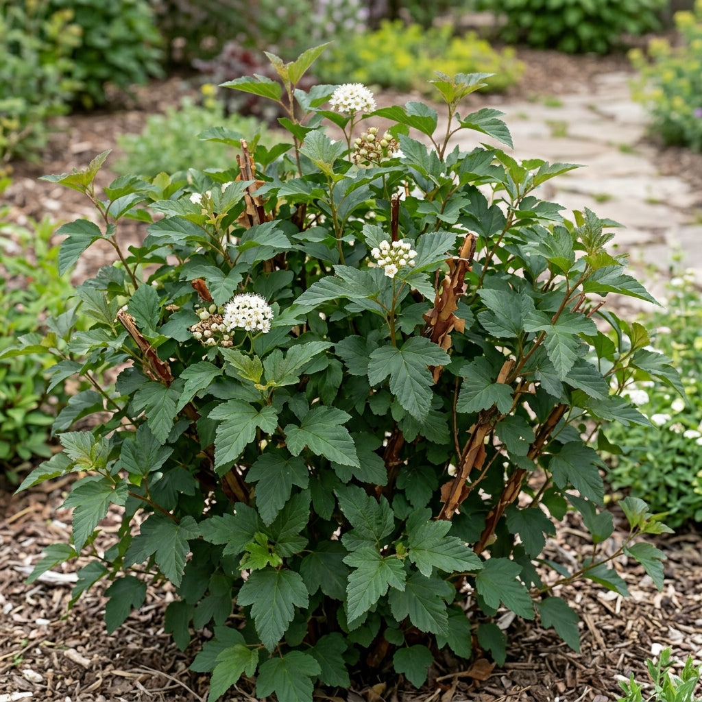 A leafy green shrub with clusters of small white flowers, growing in a garden bed with mulch and a stone path in the background.