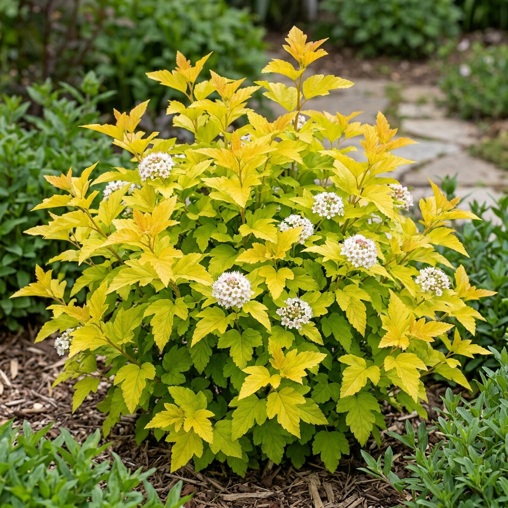 A flowering shrub with bright yellow-green leaves and clusters of small white flowers, planted in mulch outdoors with greenery and a stone path in the background.