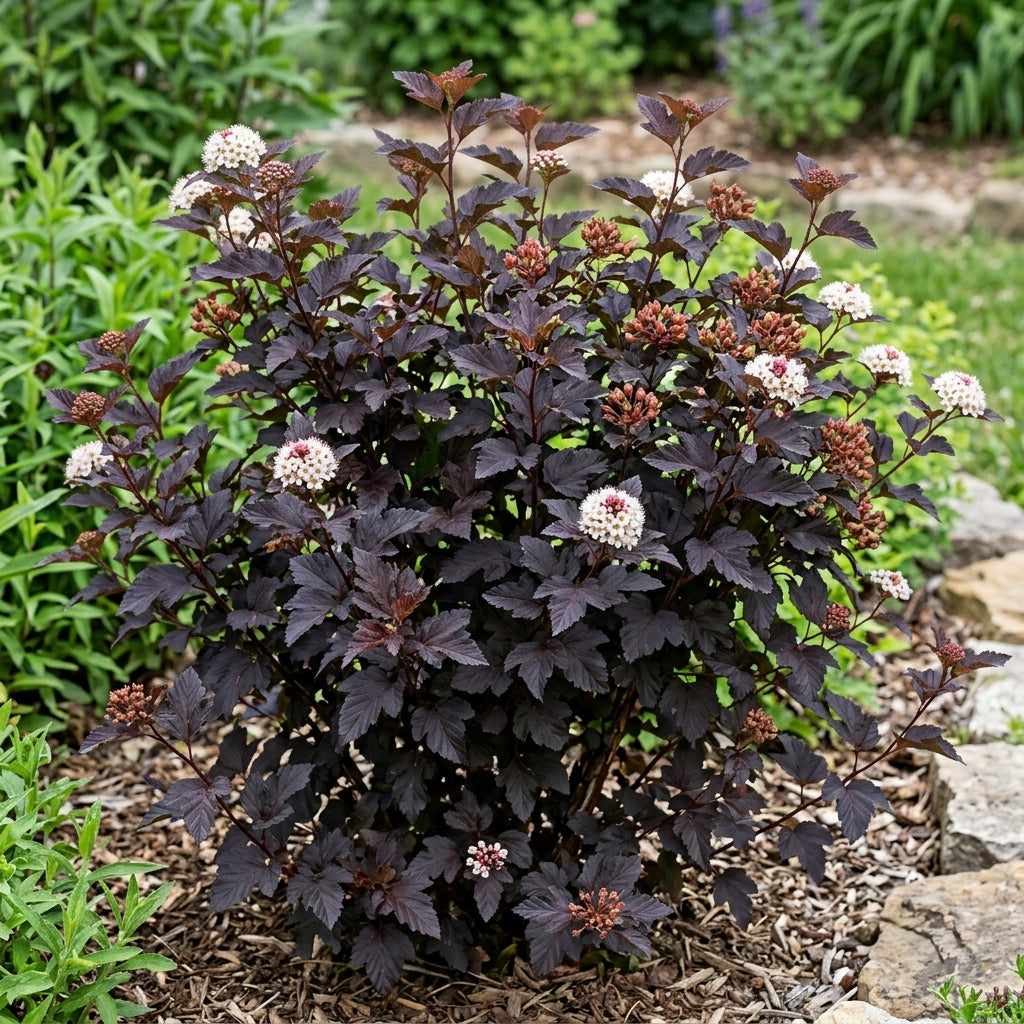 A flowering shrub with dark burgundy-purple leaves and clusters of small white flowers, planted in mulch outdoors with green garden plants in the background.