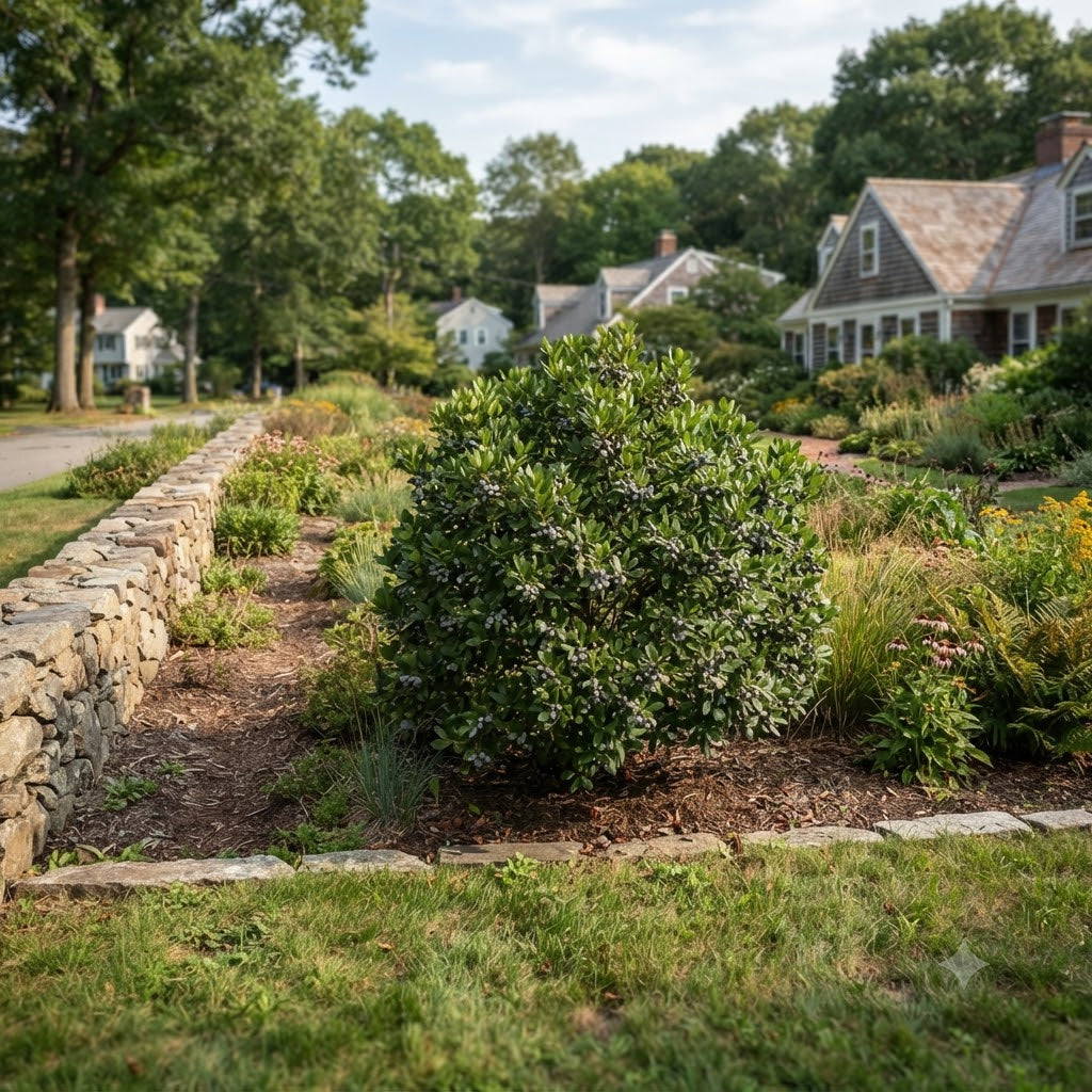 A landscaped garden bed with a central rounded green shrub, mulch, grass, a stone wall, and houses in the background among trees.