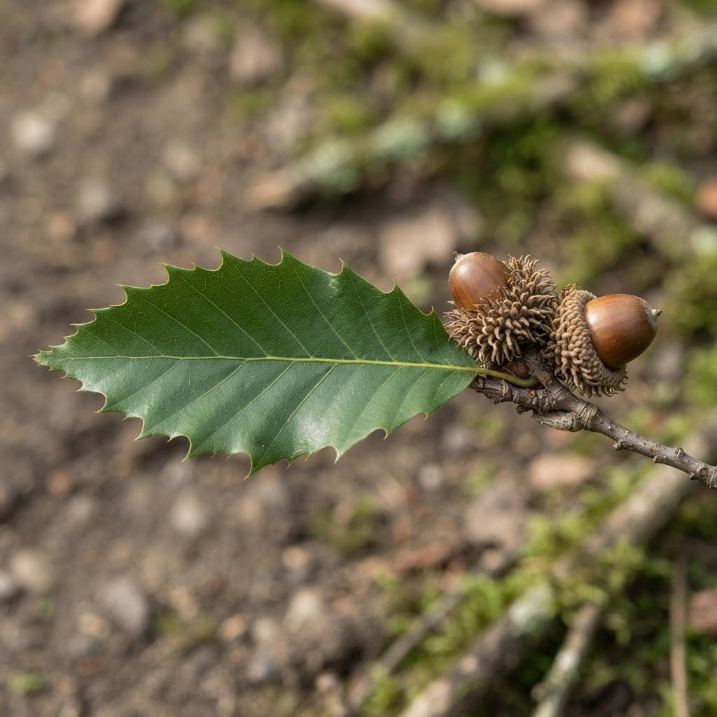 A close-up of an oak branch with a single green leaf and two acorns, photographed outdoors against a blurred natural background.