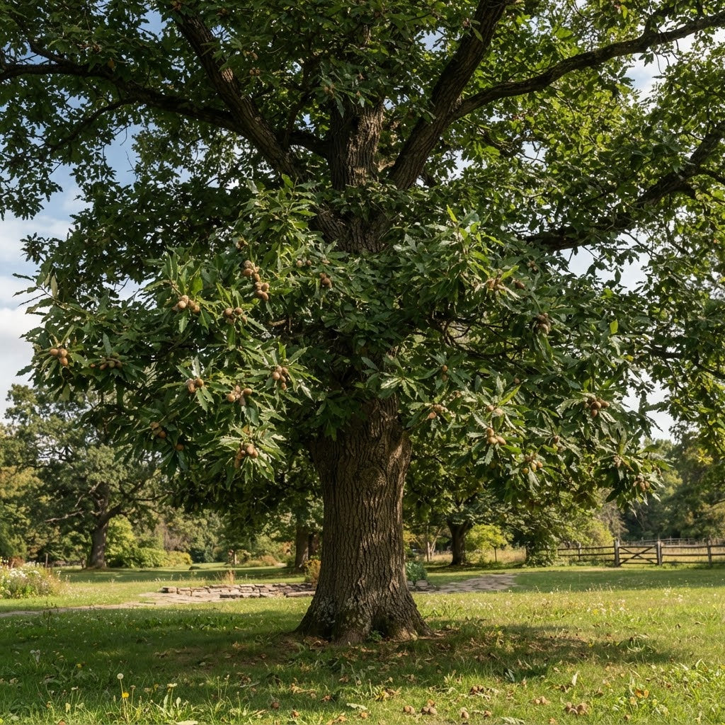 A large mature Sawtooth Oak tree with a thick textured brown trunk and dense green foliage, standing in a grassy park area with other trees and a fence in the background.