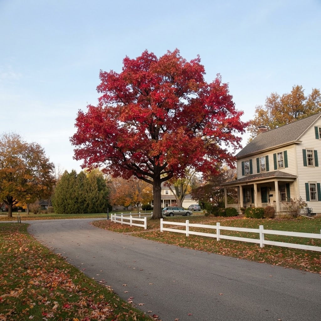 A large Scarlet Red Oak tree with vibrant red autumn leaves stands beside a paved road in a suburban neighborhood, with a white fence, a house, and other fall-colored trees in the background.