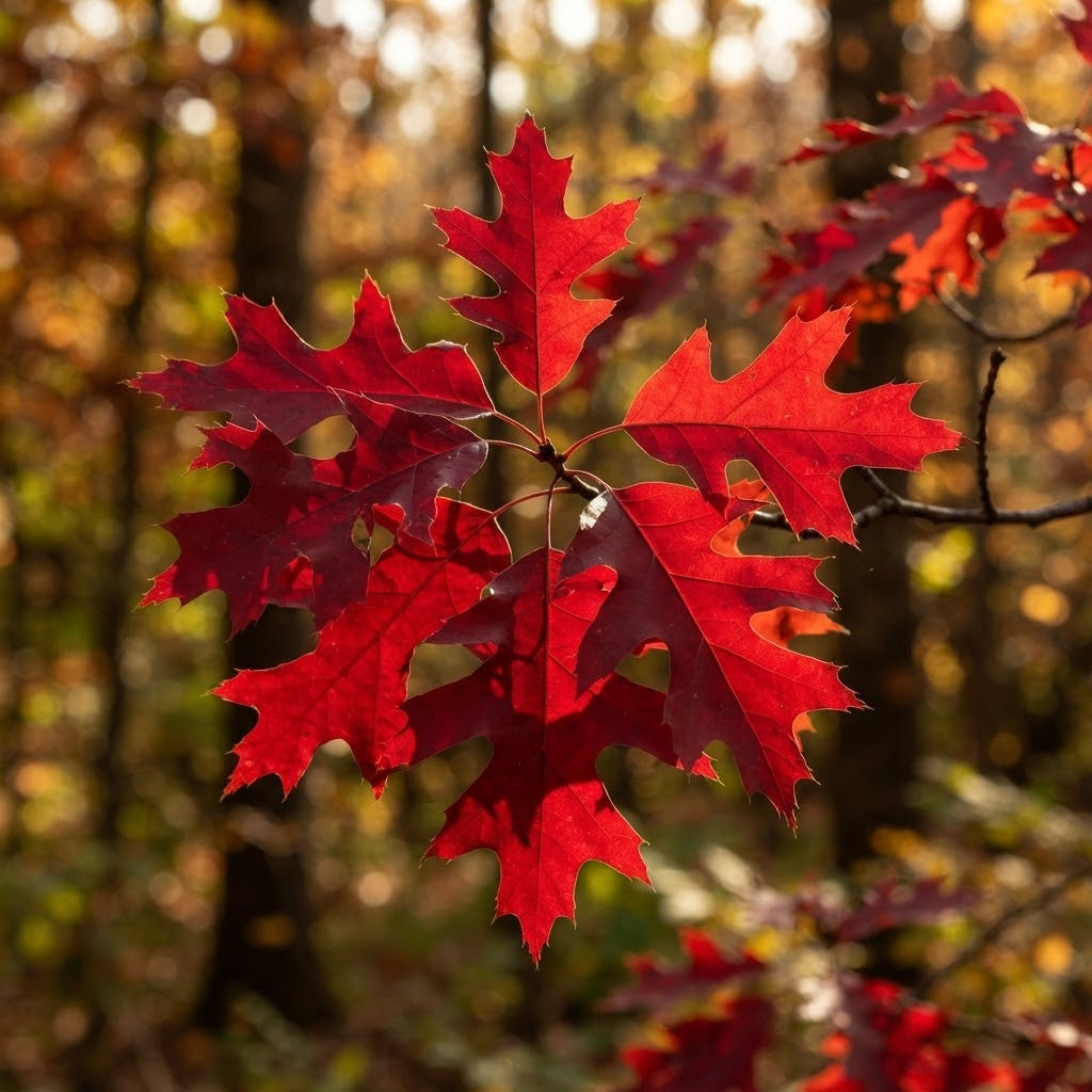 Vibrant red autumn leaves of a scarlet red oak tree backlit by warm sunlight, set against a soft-focus forest background of brown trunks and golden foliage.