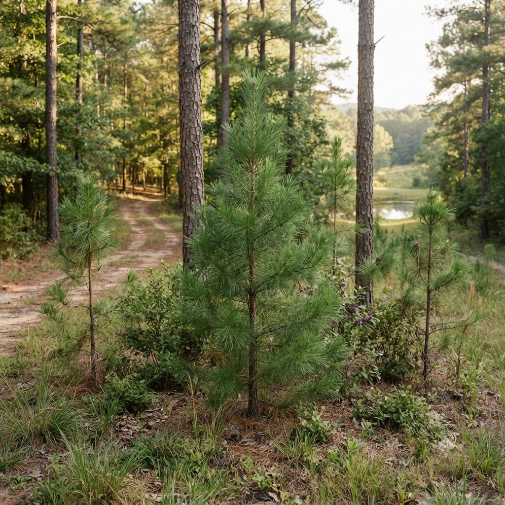 A group of young green pine saplings growing along a dirt path in a wooded forest clearing with tall trees and a small body of water in the background.