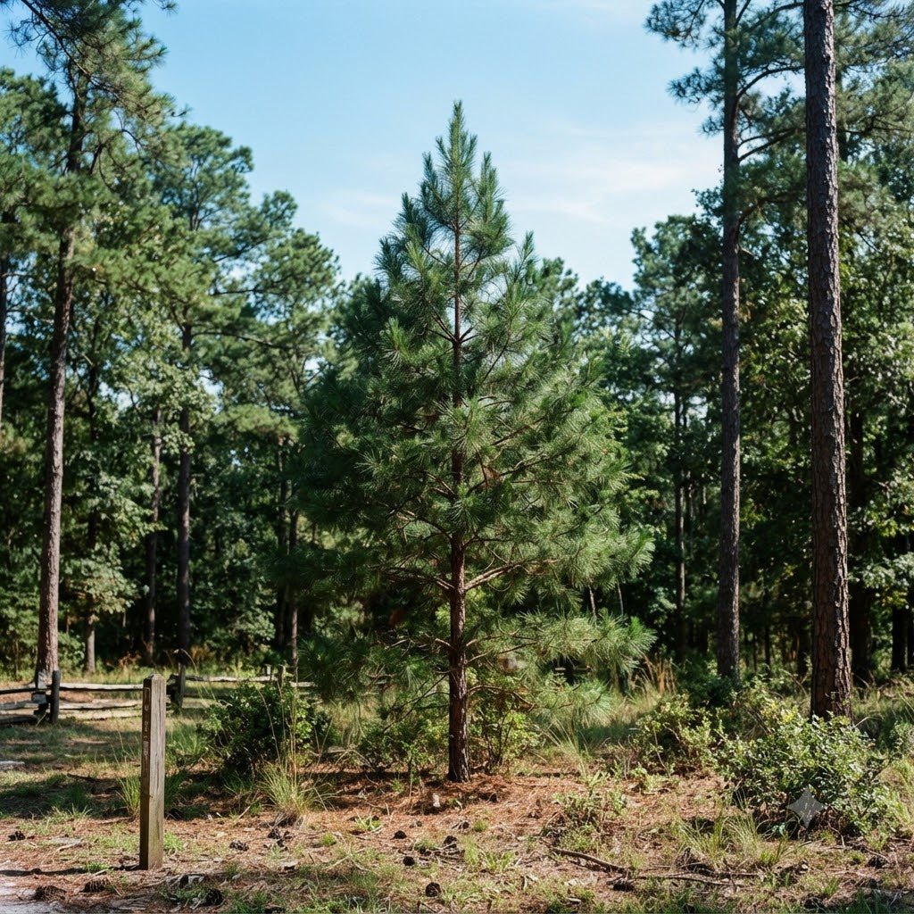 A young green pine tree standing in a wooded clearing with tall surrounding trees, brown ground, and blue sky.