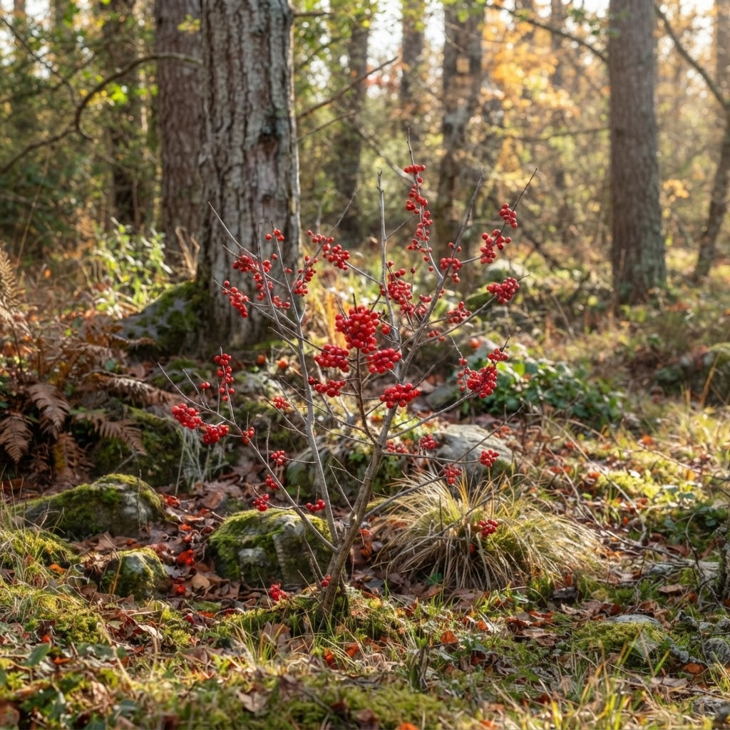 A small shrub with clusters of bright red berries growing in a forest clearing, surrounded by mossy rocks, fallen leaves, and tree trunks.