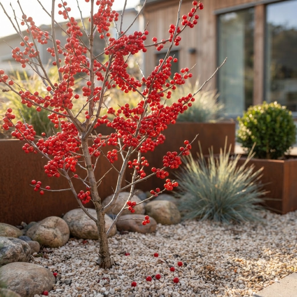 A decorative shrub with dense clusters of bright red berries on a bare brown branch, planted in a landscaped garden bed with white gravel, rocks, ornamental grass, and a modern house in the background.