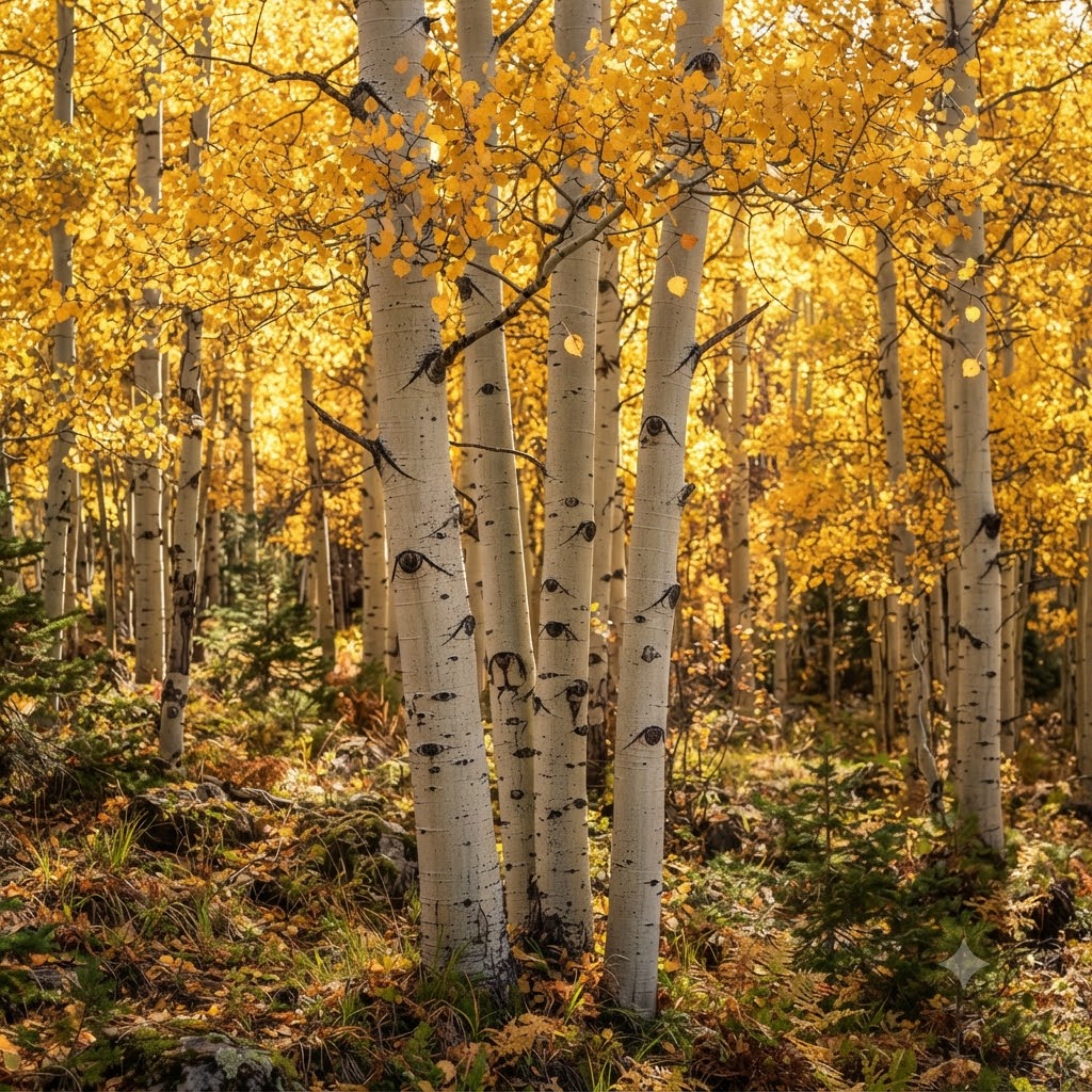 A dense forest of aspen trees with bright golden-yellow leaves and white trunks, with fallen leaves covering the forest floor.