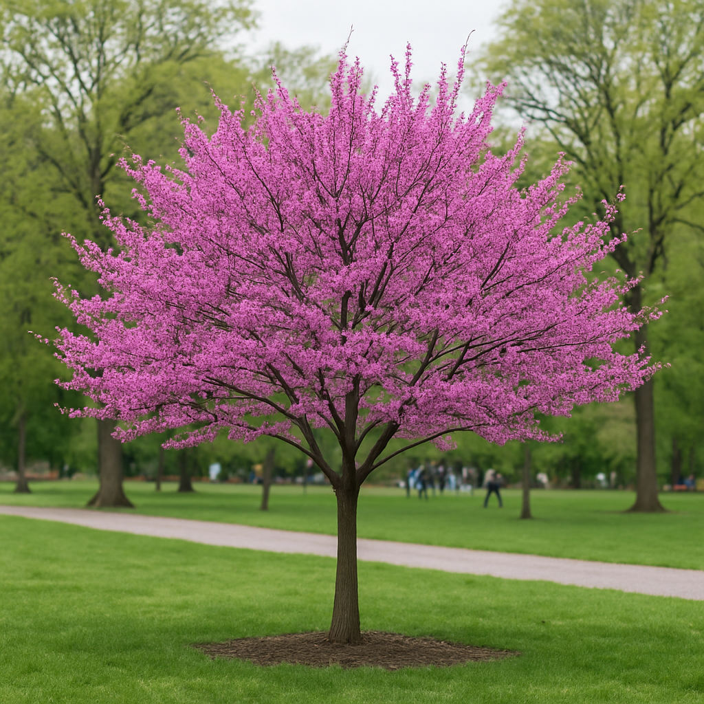 A flowering tree with dense bright pink blossoms stands in a grassy park with a walking path and other green trees in the background.