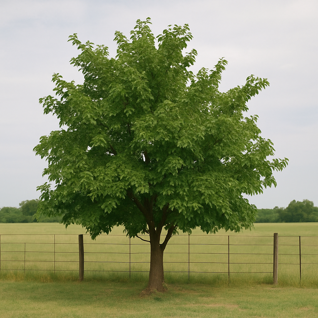 A single green tree with a brown trunk stands in a grassy field behind a wire fence under an overcast sky.