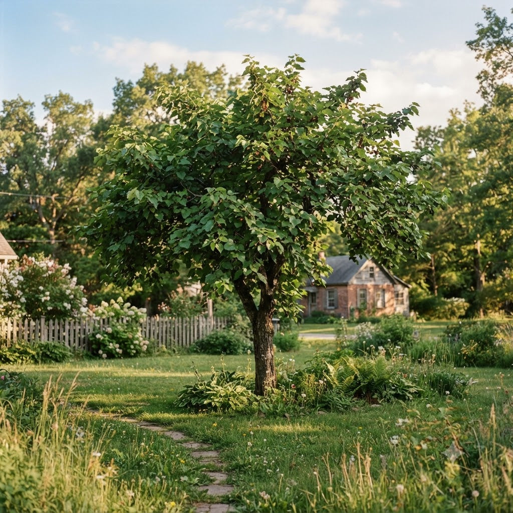 A lush green garden scene with a central leafy tree, a stone path winding through the grass, a white picket fence, and a brick house in the background under a soft blue sky.