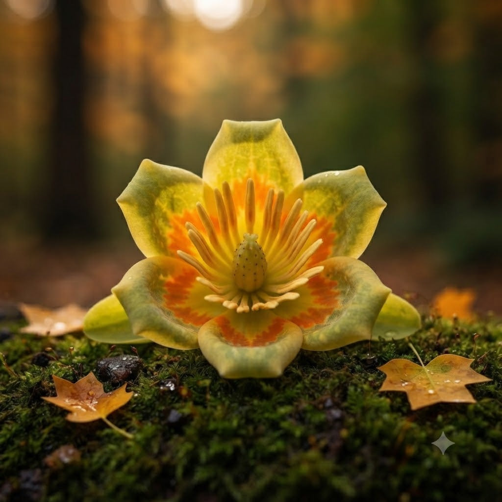 A large pale yellow-green flower with orange and cream inner petals stands on dark mossy ground with scattered autumn leaves, set against a softly blurred forest background.