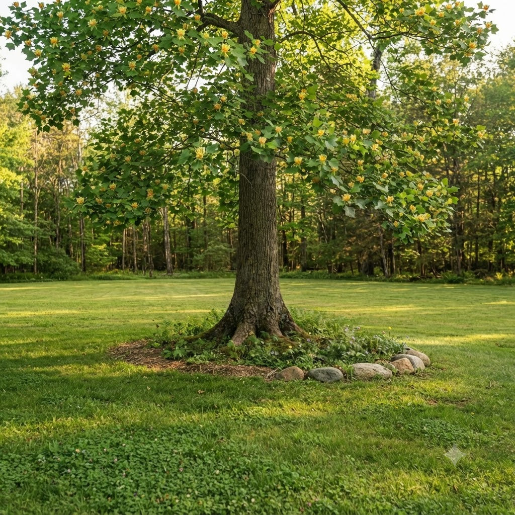 A large mature tree with a thick trunk and green canopy stands in a grassy yard, with a ring of rocks around the base and a wooded forest in the background.
